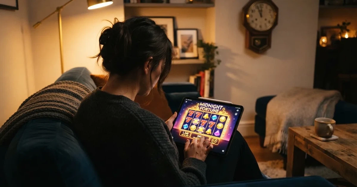 Person am Sofa schaut nachdenklich auf ein Tablet, im Hintergrund eine Uhr — casino online mit bonus ohne einzahlung