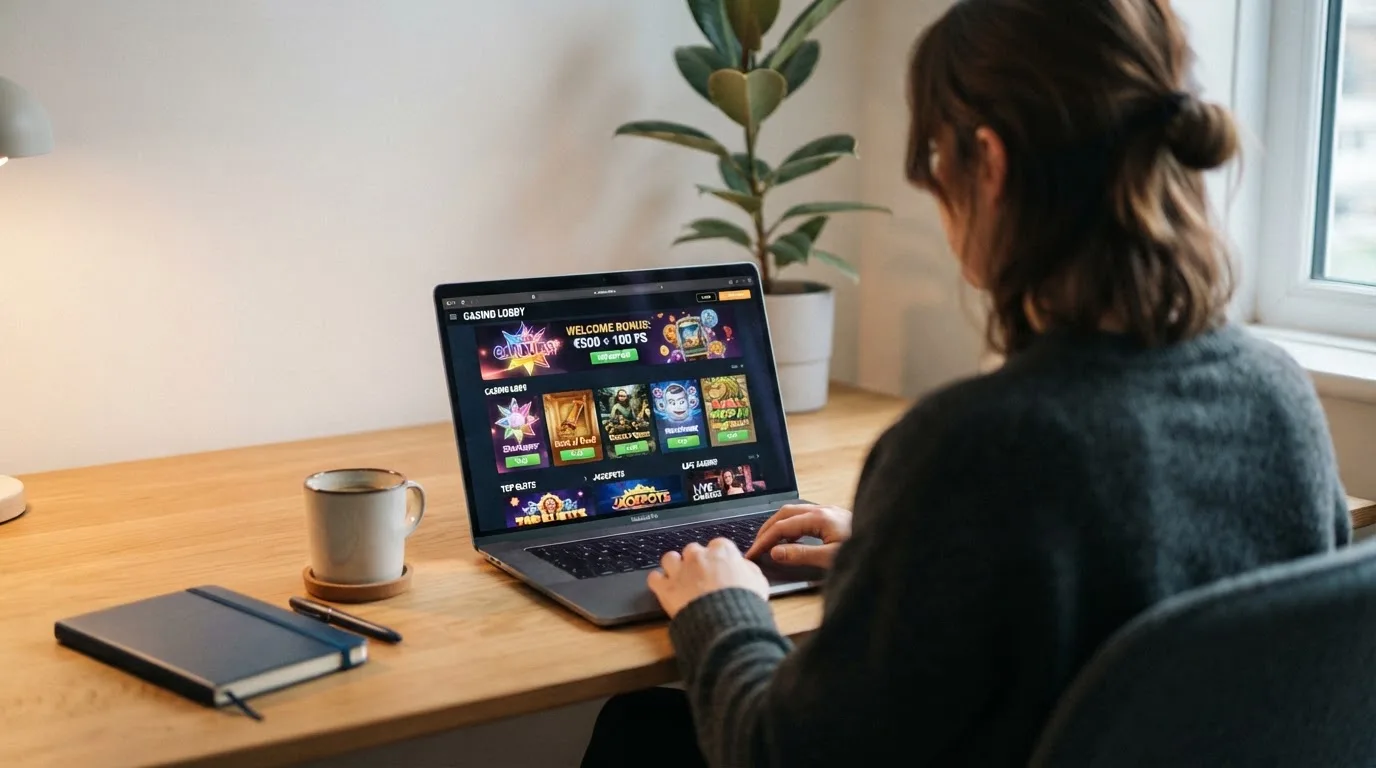 Person am Laptop liest eine Übersichtsseite zu Glücksspielen im Internet — handy casino echtgeld bonus ohne einzahlung