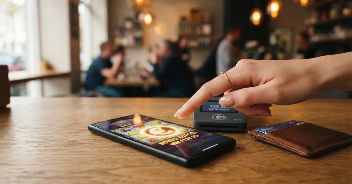 Kartenterminal und Smartphone auf einem Holztisch neben einer Geldbörse — handy casino echtgeld bonus ohne einzahlung