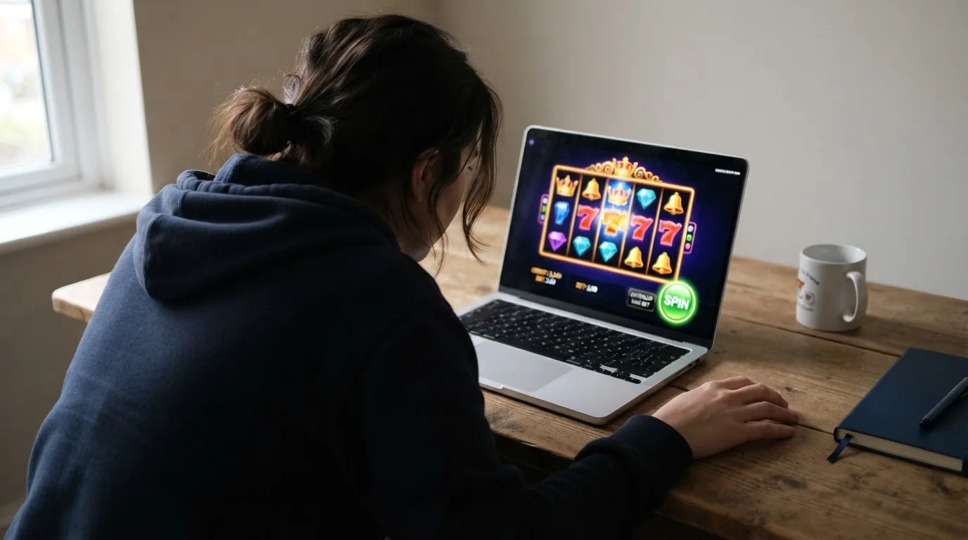 Person am Laptop liest eine Übersichtsseite zu Glücksspielen im Internet — online casino mit autoplay