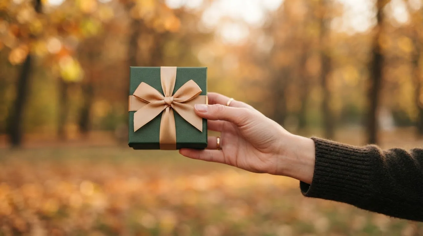 Eine Hand hält eine kleine Geschenkbox mit Schleife vor einem unscharfen Hintergrund.