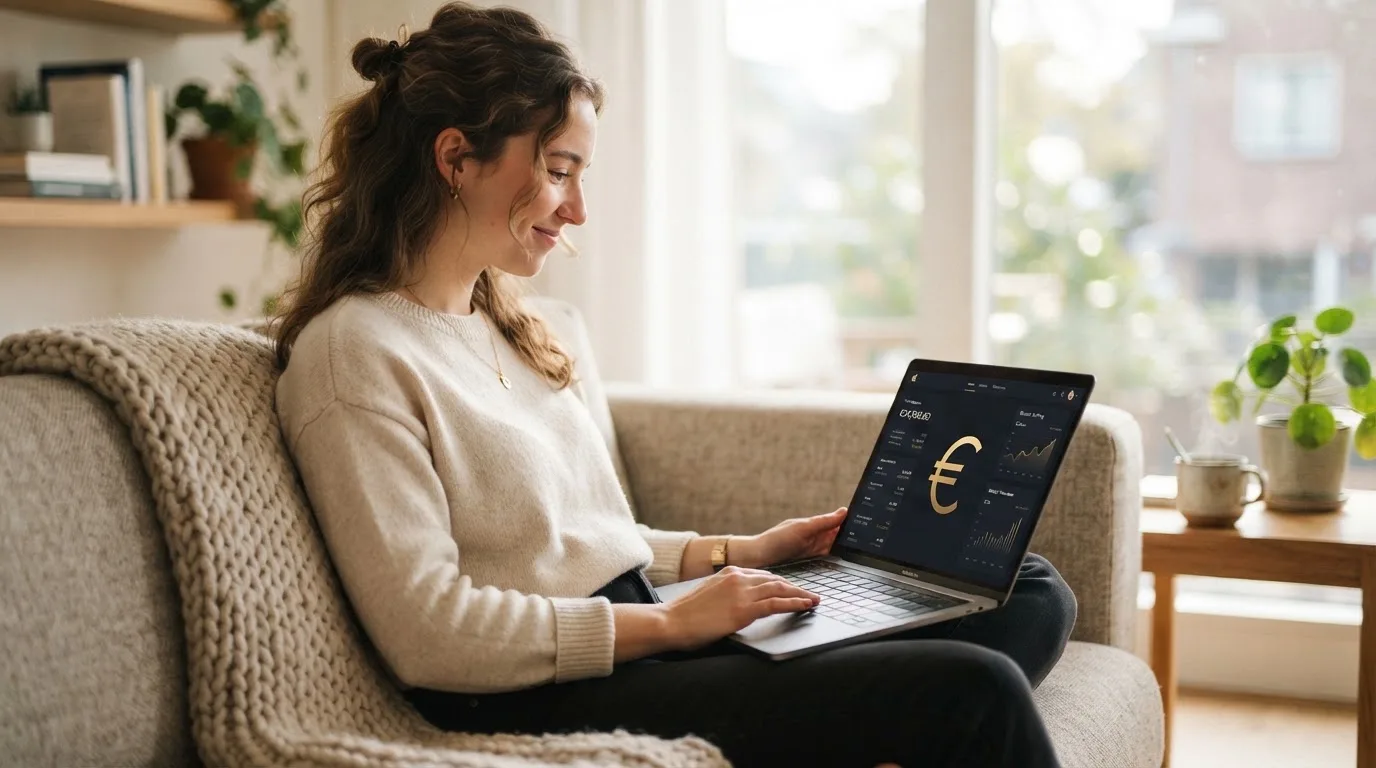 Person sitzt entspannt mit einem Laptop auf dem Sofa in einem modernen Wohnzimmer.
