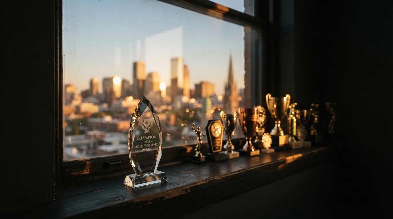 Mehrere unscharfe Pokale stehen vor einem großen Fenster mit Blick auf eine Stadt.