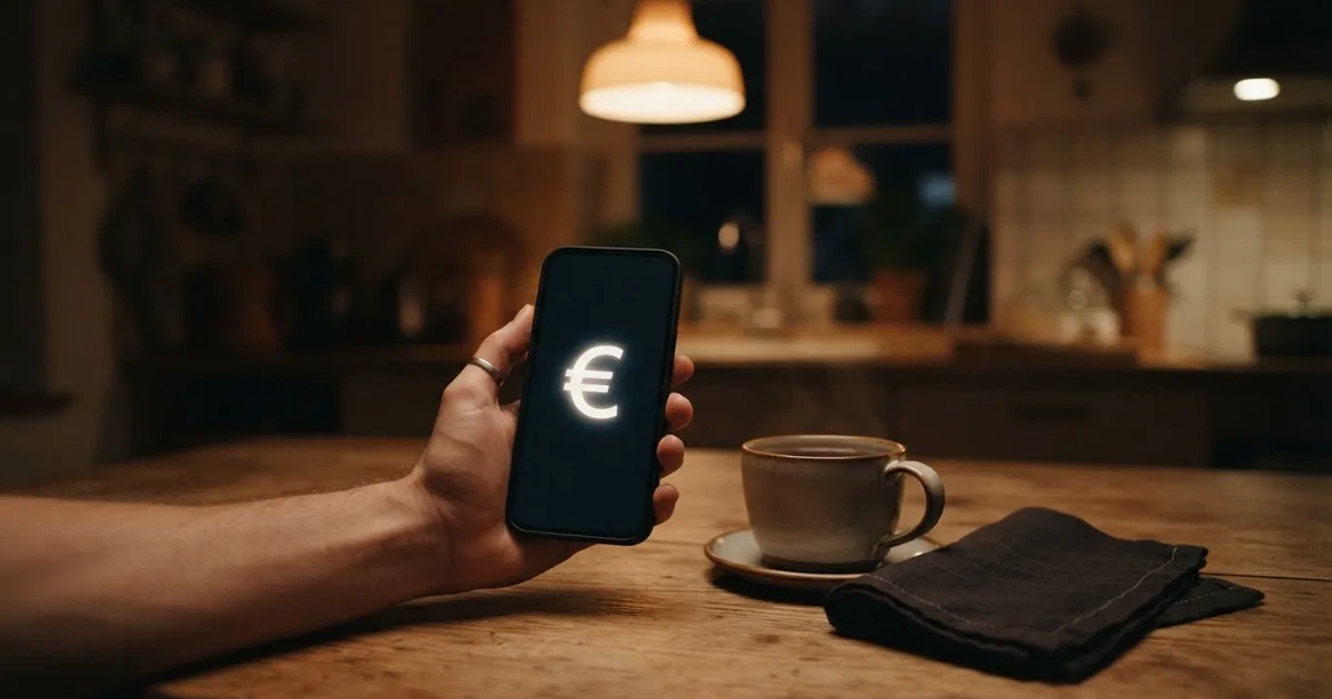Hand hält ein Smartphone, daneben eine Tasse Tee, ruhige Abendstimmung am Küchentisch — online casino ohne auszahlungslimit