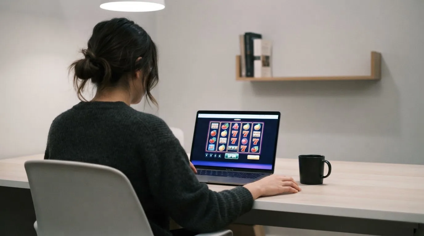 Person am Laptop liest eine Übersichtsseite zu Glücksspielen im Internet — online casino schnelle auszahlung